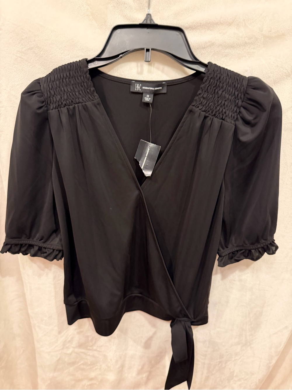 INC International Concepts Black Smocked-Shoulder Wrap Blouse